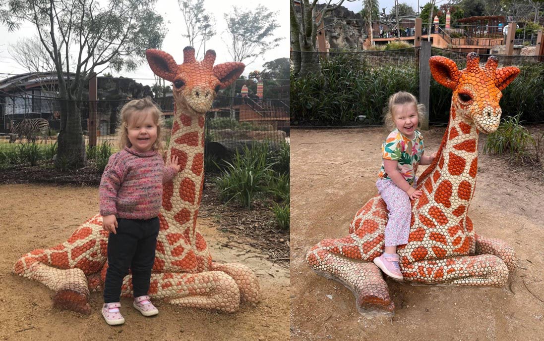 The iconic giraffe statue an installation Nic was a part of creating and Abbey enjoying it at age 3 (left) and 5 (right).